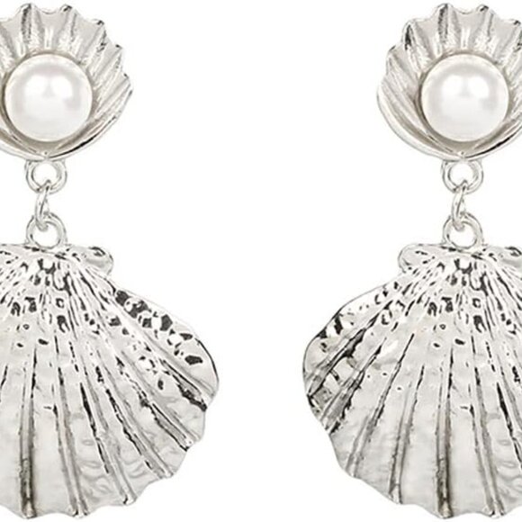 Silver Boho Shell Drop Earrings with Imitation Pearl for Women Holiday Jewelry - Picture 1 of 8